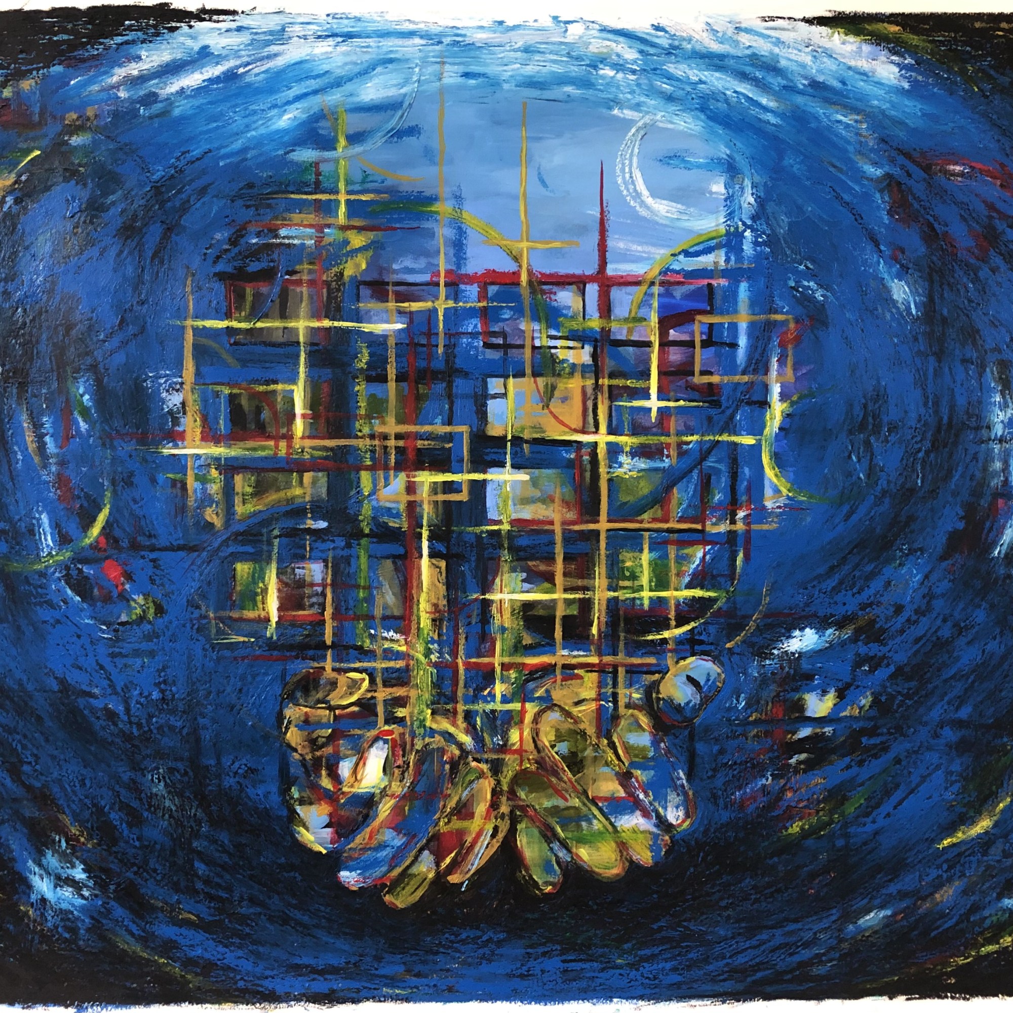 "All Things Hold Together" by Sarah Thompson, acrylic & oil stick on paper, 30x22". 2023.