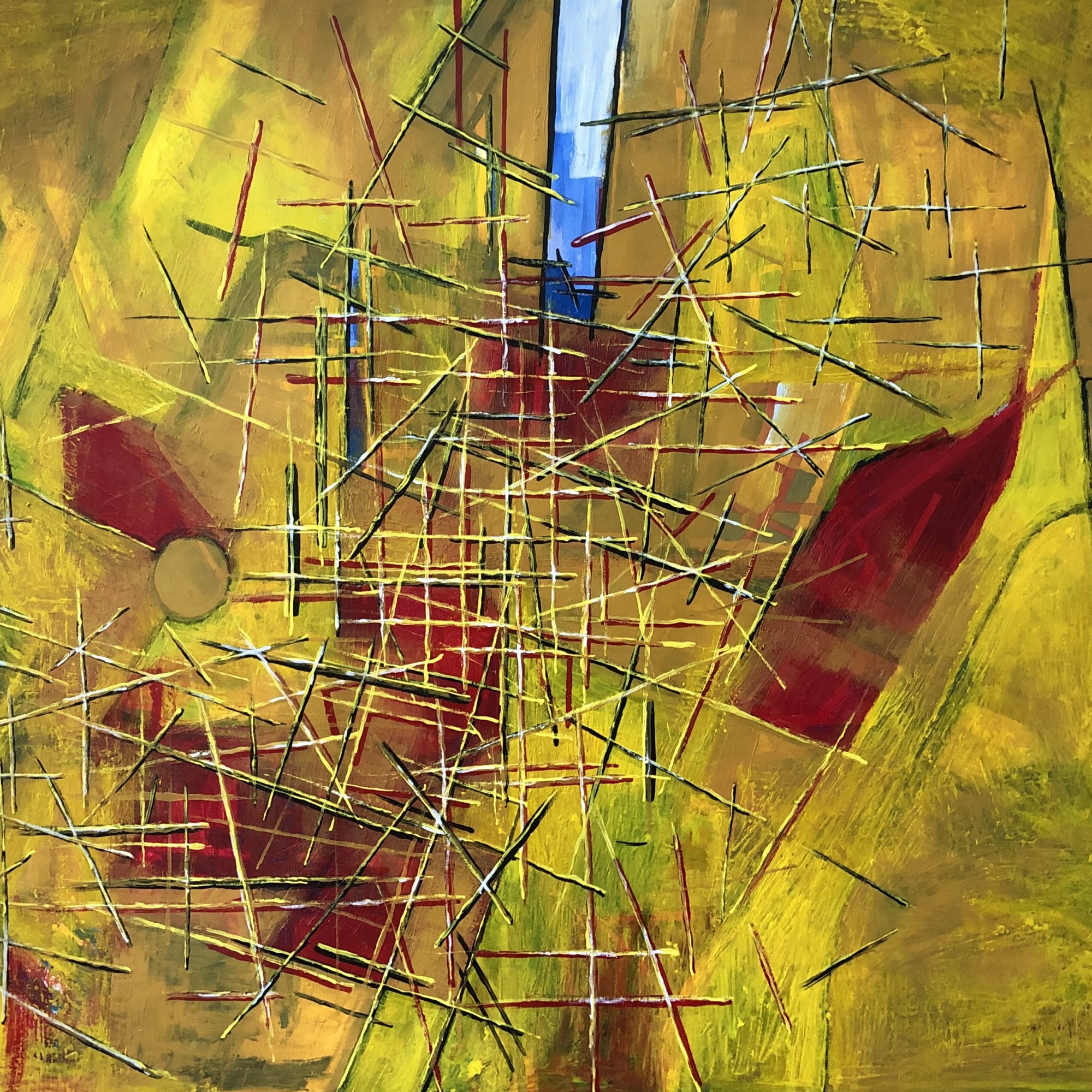 "Recalculating (Proceed to the Route)" by Sarah Thompson, acrylic & oil stick on paper, 30x22". 2023.