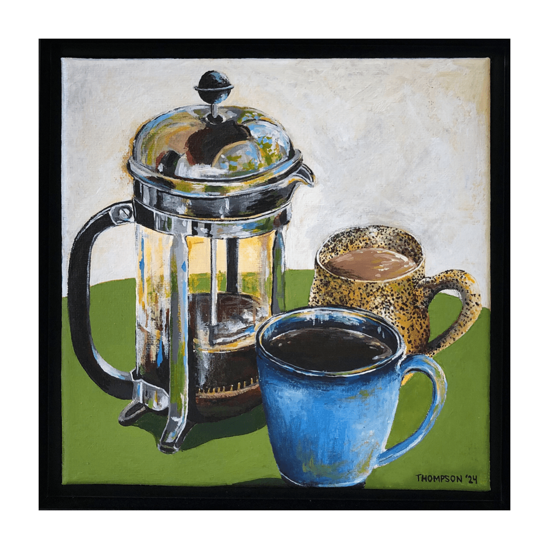 "Coffee Date" by Sarah Thompson, 8x8", acrylic on canvas, 2024.