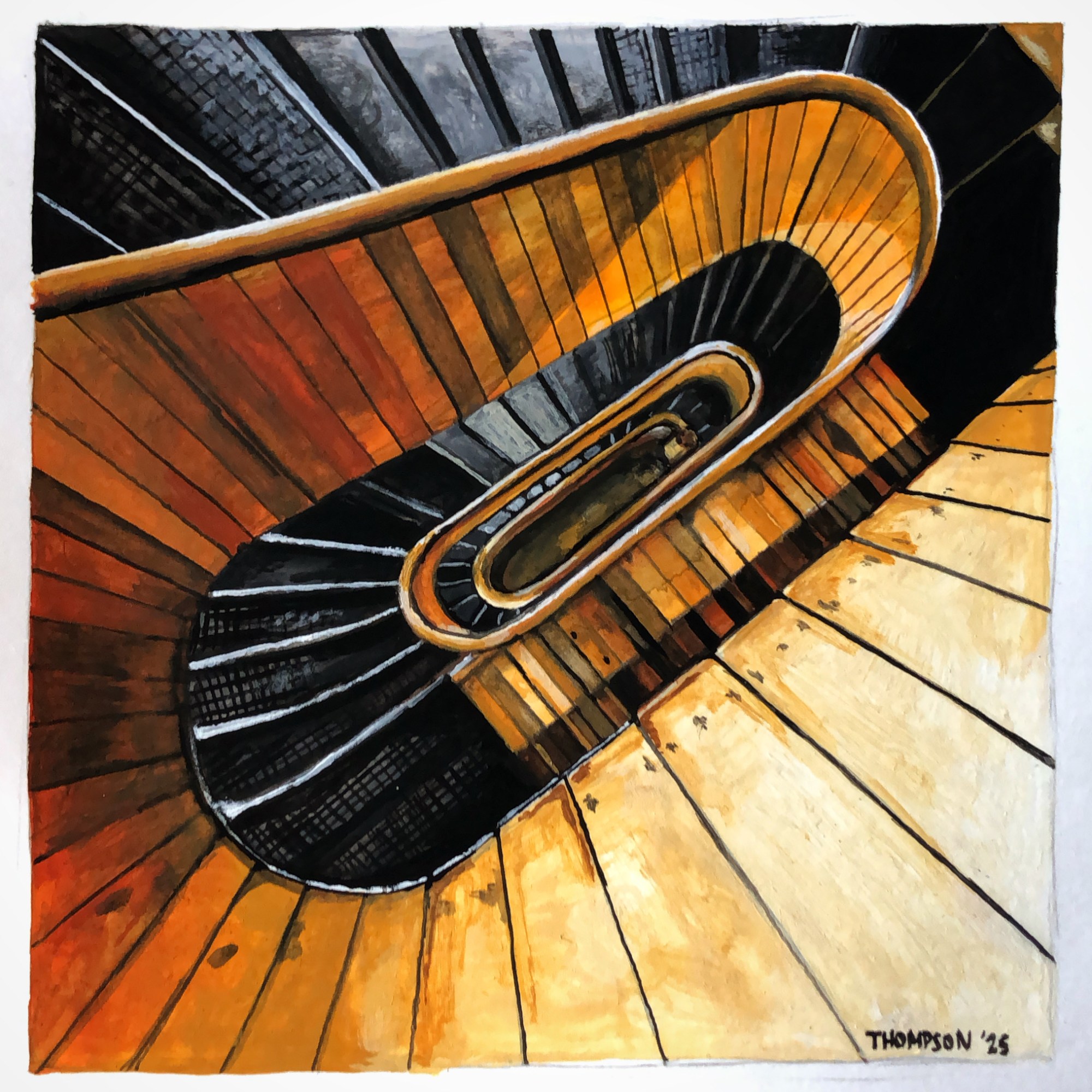 "The Stairs" by Sarah Thompson, 5x5", gouache on paper, 2025.